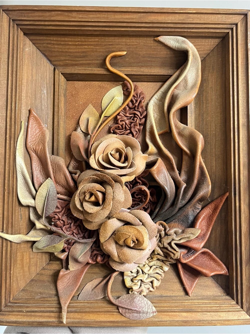 Vintage Handcrafted Leather Floral Wall Art - Brown Tones